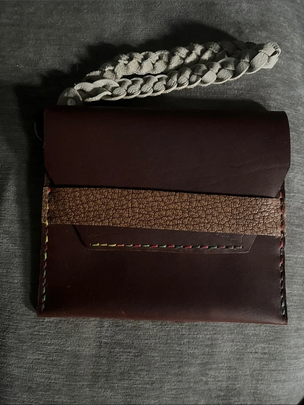 Dark Brown Leather Wallet Clutch with cream braided strap. Multi colored stitch